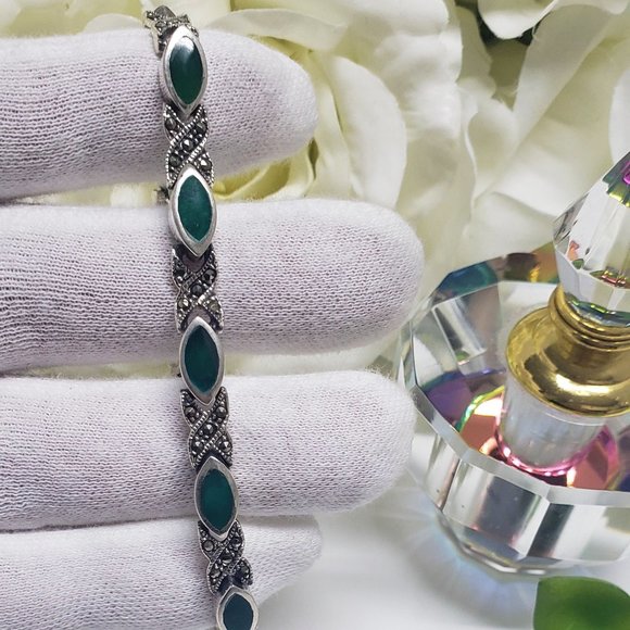 Vintage Emerald Marcasite 925 Silver bracelet - Picture 3 of 5